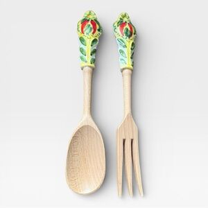 Orvieto Hand-Painted Red Chili Design Ceramic & Wood Salad Serving Fork & Spoon